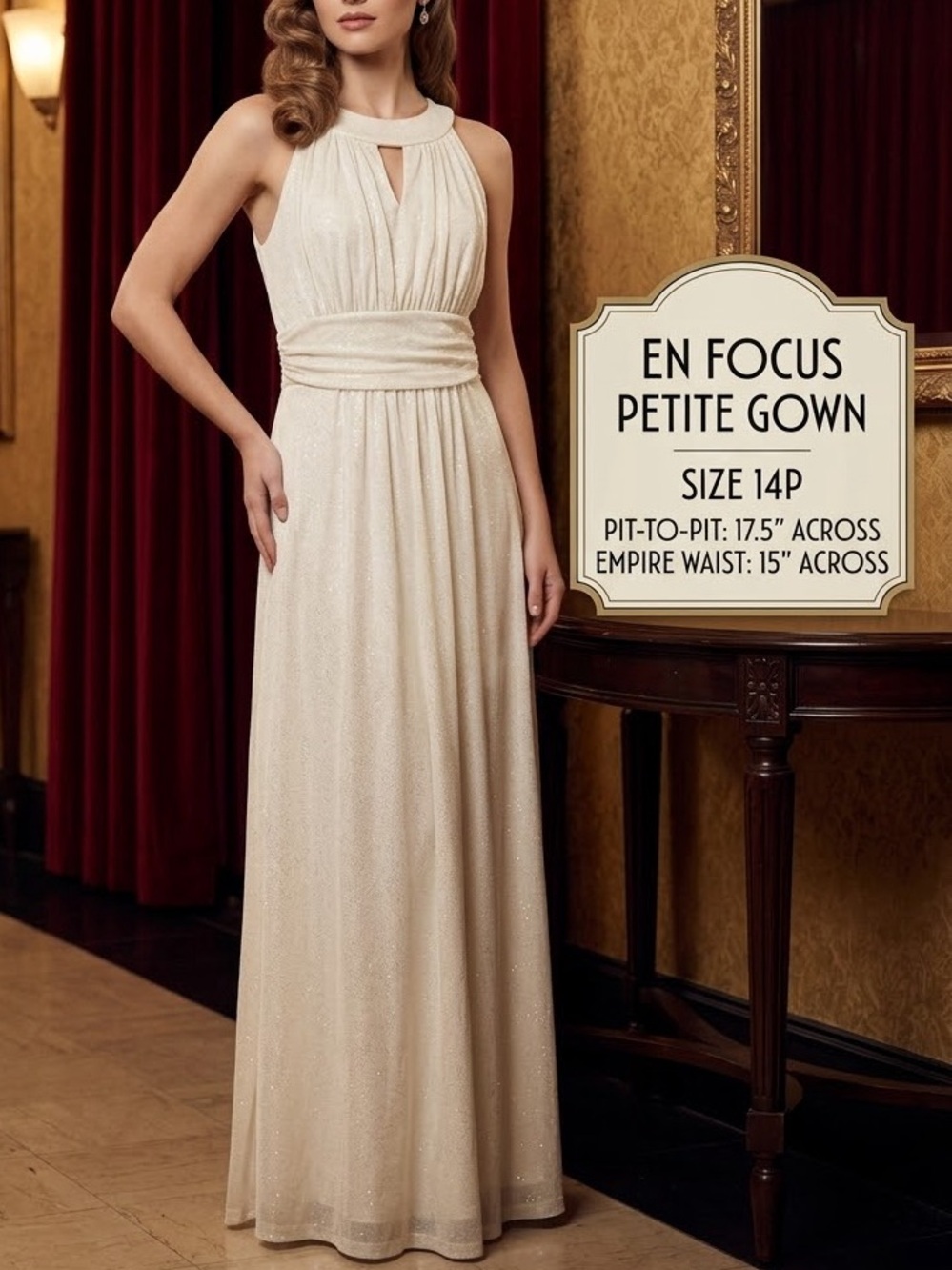 Fairycore Glam Ivory Gold Sparkle Halter Maxi Dress Gown 14P